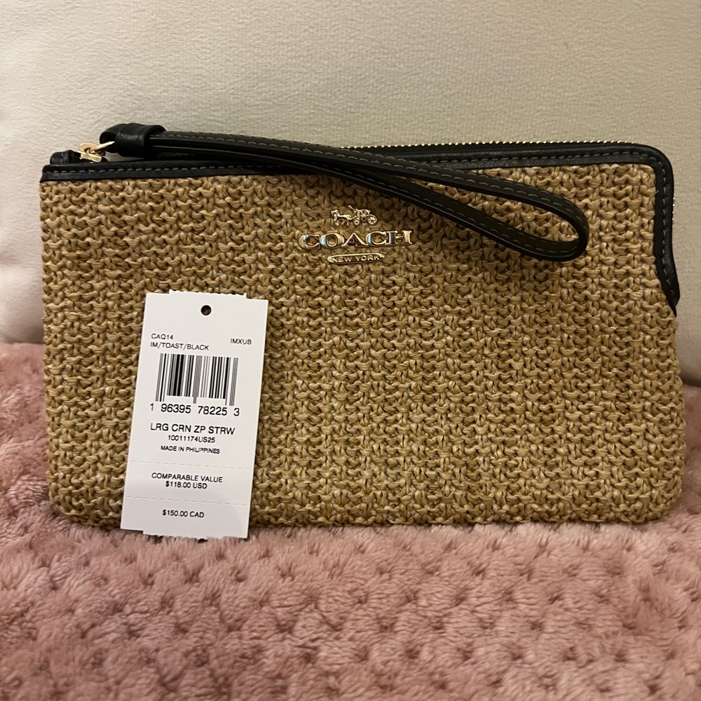 Coach Straw Wristlet with Black Leather Trim
